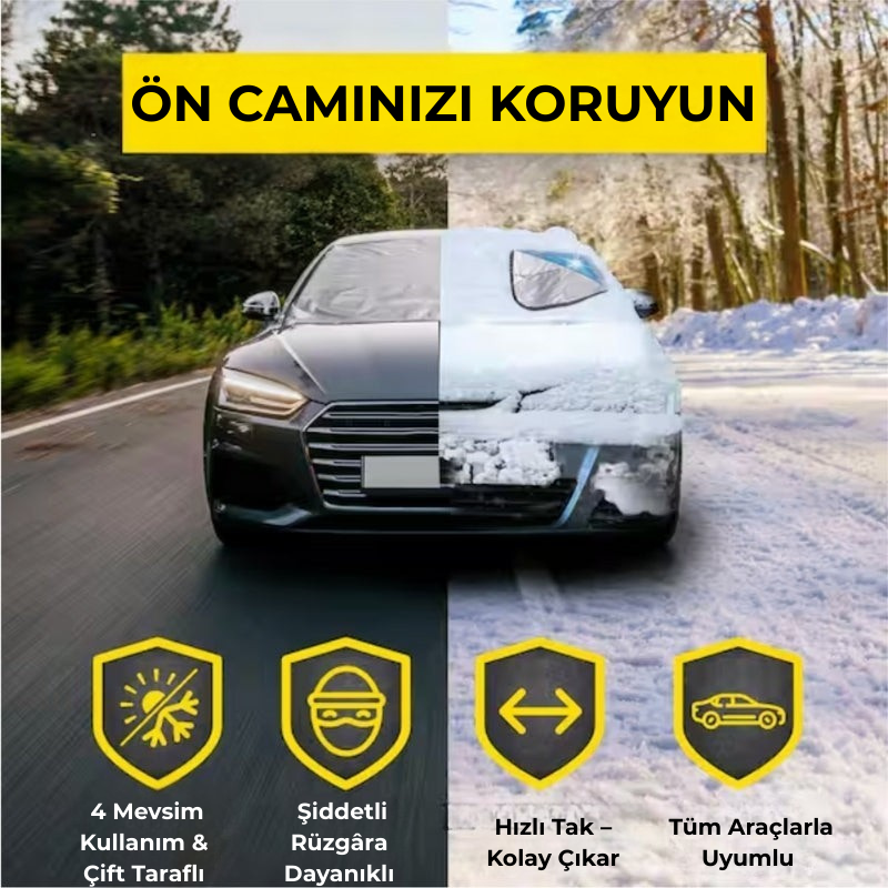 Ön Cam Buzlanma Önleyici Branda – Kar ve Güneş Koruyucu Su Geçirmez Oto Cam Örtüsü
